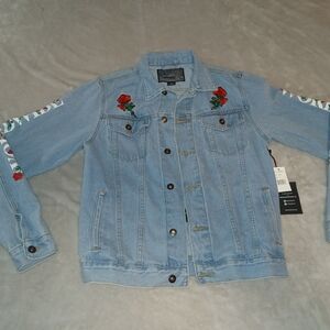 Brooklyn Cloth Light Blue Jean Jacket with Red Rose Embroidery